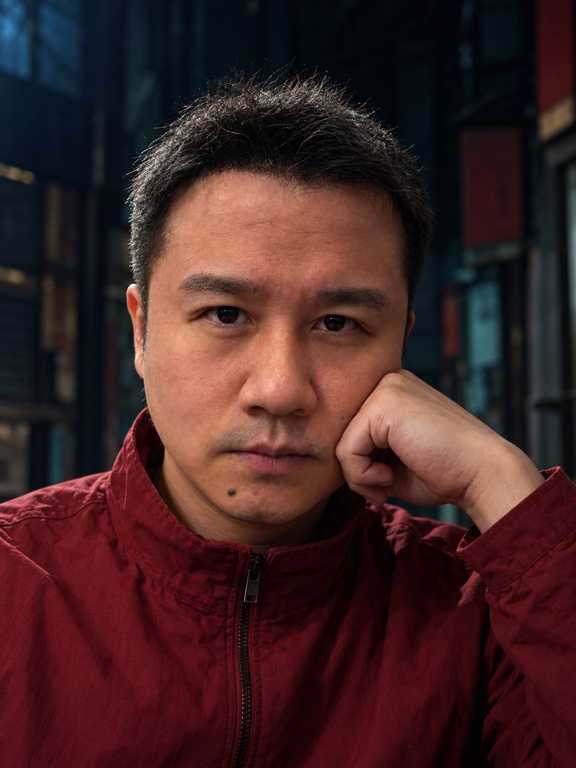 龙哥穿红夹克托脸的个人形象照