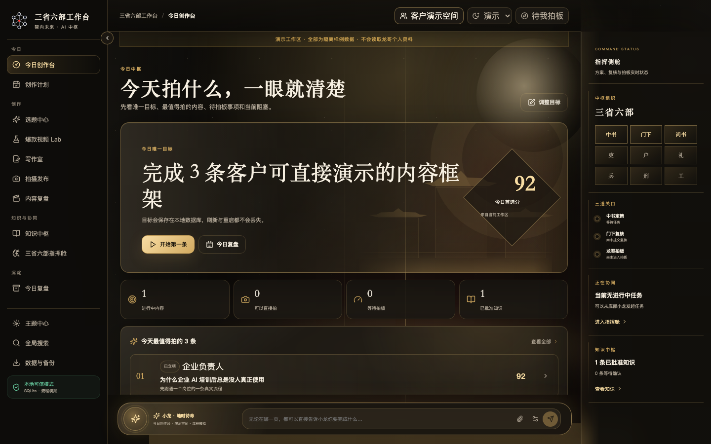 三省六部工作台今日创作台的既有演示界面